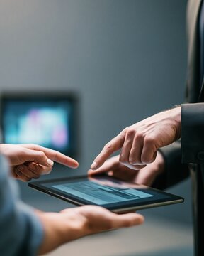 Medium shot of a sales assistant navigating an augmented reality product configurator on a tablet client hand pointing at details soft gray minimal tech backdrop blurred.