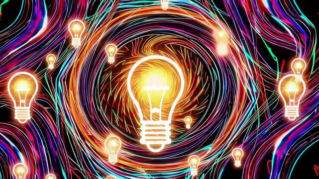 Luminous light bulbs glowing amid vibrant, swirling lines, symbolizing innovative creative processes with dynamic visual metaphor of intellectual energy and breakthrough thinking