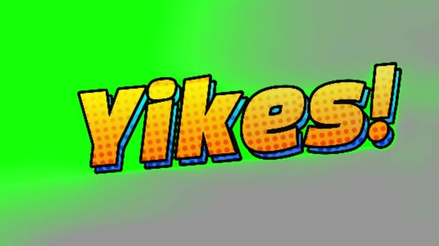 Yikes text displays a vibrant comic book style typography design that features bold yellow letters with orange halftone dots and a thick black outline on a simple gradient background for emphasis.