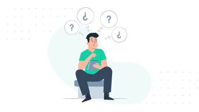 Thoughtful Man Sitting and Solving a Problem with Floating Question Mark Circles Animation