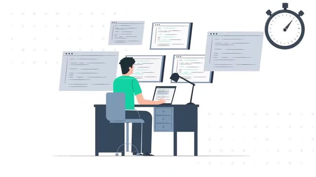 Programmer or System Administrator Working on Multiple Screens with Clock Deadline Animation