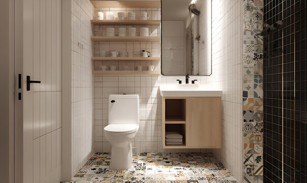 A bright, modern bathroom with patterned floor tiles, white walls, and wooden accents. Features a toilet, sink, mirror, and open shelving