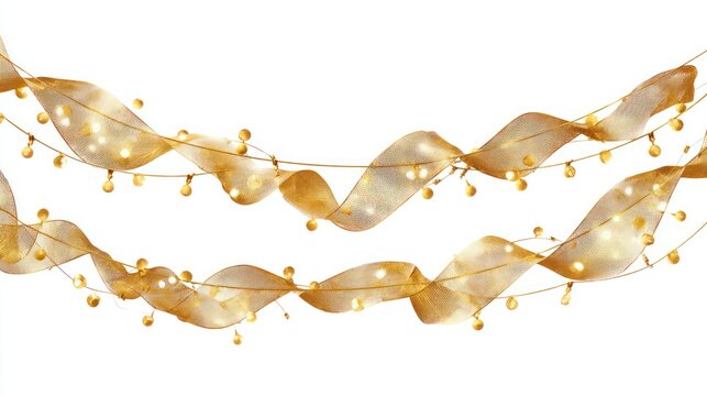Elegant golden ribbons with string lights isolated on white background