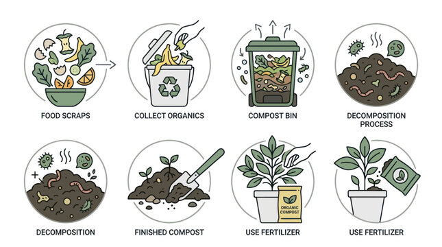 Illustration of organic composting process steps and plant fertilizer use.