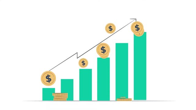 Golden Dollar Coins Rising on Green Financial Bar Chart Success Concept Animation