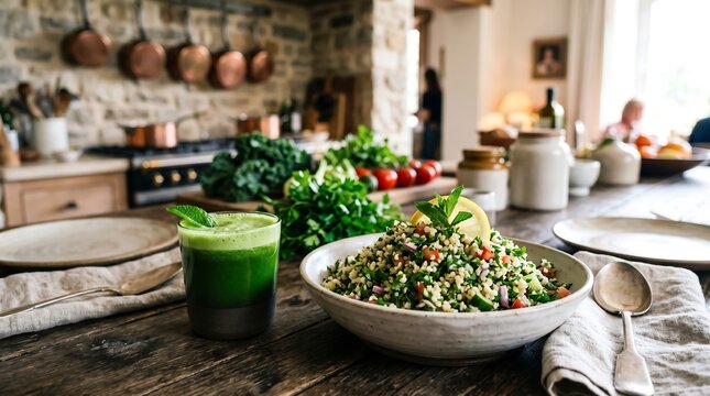 Tabouli salad and green smoothie on rustic wooden kitchen table. Healthy homemade vegetarian meal with fresh vegetables and herbs. Diet concept for nutritious lunch and eating lifestyle.