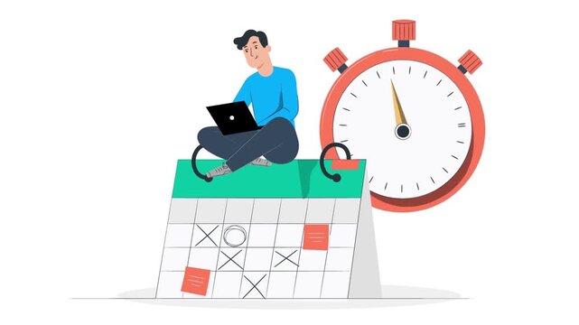 Freelancer Working on Laptop on Top of Calendar with a Big Alarm Clock Animation