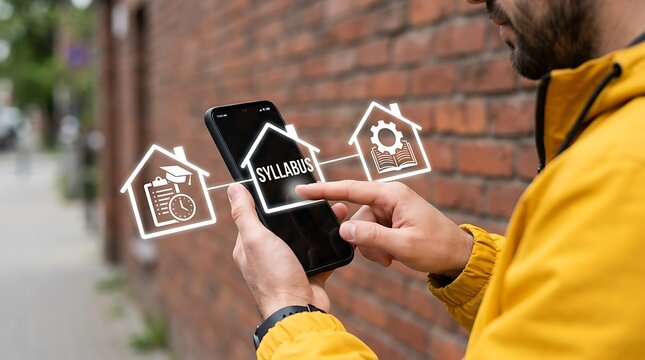 Man using smartphone with digital education and syllabus icons overlay