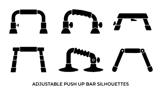 Adjustable Push Up Bar Silhouettes, Fitness Equipment Icons, Strength Training Gear, Workout Accessories Vector Set