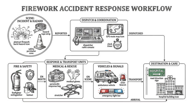 Firework Accident Response Vector Icon Set for Emergency Safety Workflow Diagram