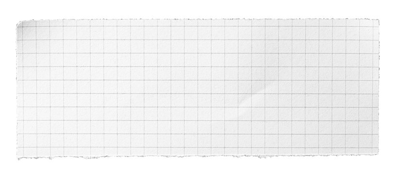 Isolated torn ripped checkered graph recycled rough white paper memo note with squares or grid pattern and copy space for text, rough fiber texture transparent png background design element
