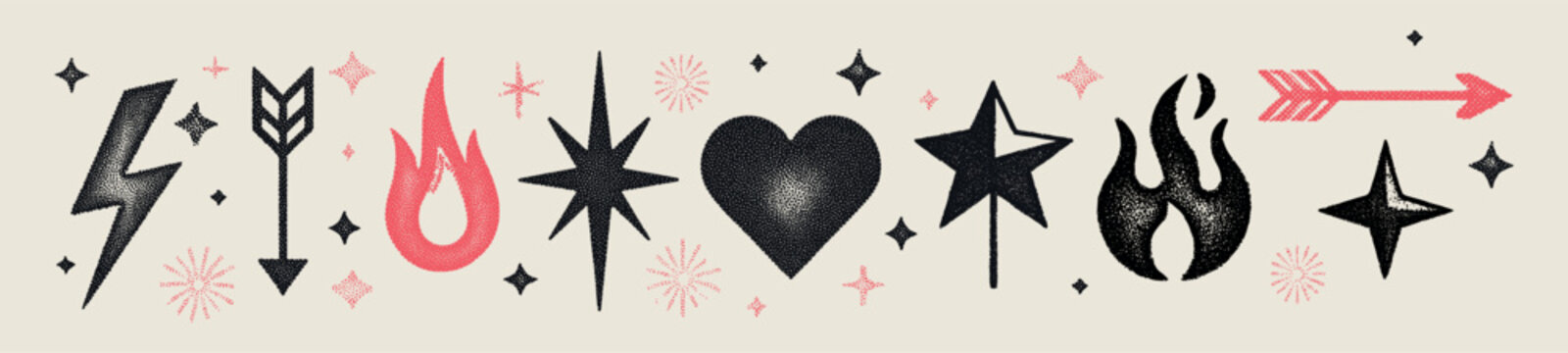 Halftone tattoo elements. y2k pixel shapes, heart arrow fire red flame black star vintage sticker bitmap grunge retro drawing sketches hand draw paper style vector illustration