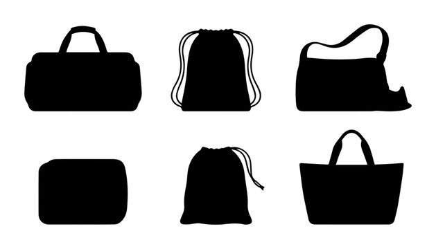 Black Bag Silhouettes: Duffel, Tote, Drawstring Pouches, and Shoulder Bag Vector Icons for Fashion and Travel