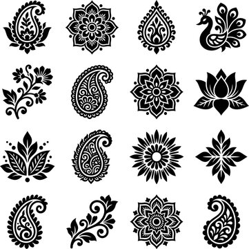Assorted black and white henna patterns featuring floral and paisley motifs