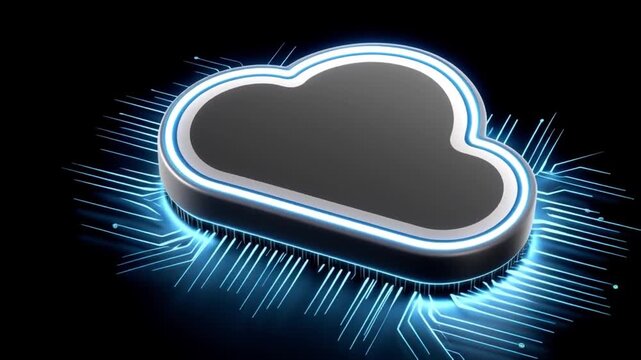 AI chip secure cloud cybersecurity concept featuring glowing cloud shape with digital circuit lines dark technology background