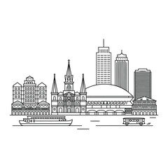 Obraz premium Black and White Line of New Orleans Skyline Featuring Iconic Buildings and a Riverboat on White Background
