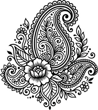 Detailed black and white floral paisley henna pattern illustration