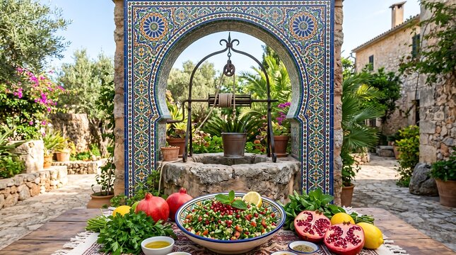 Tabbouleh salad with pomegranate and fresh herbs served on table outdoors. Middle Eastern cuisine dish for healthy lunch. Traditional culinary concept in rustic courtyard with old well.