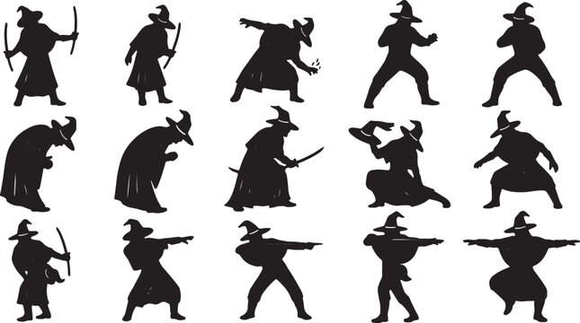 Collection of 15 black silhouettes of fantasy wizards and mages in dynamic action poses, wearing pointed hats and robes, some wielding swords or casting magic spells on a white background.