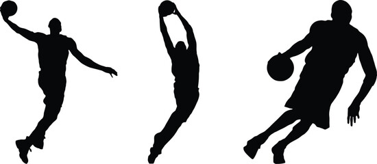 Basketball players silhouettes set, player dunking and dribbling vector © DegCreative 