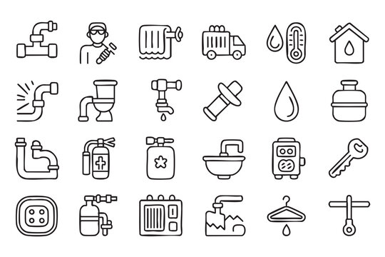 Plumbing Repair and Water Utility Line Icons for Home Maintenance Design
