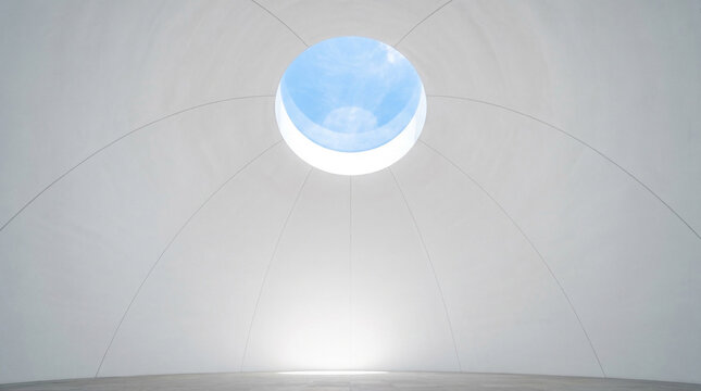 Architectural detail of white dome interior with circular skylight window.