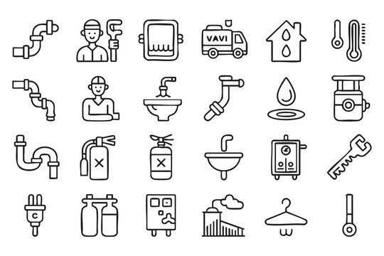 Professional Plumber Service Vector Icons with Pipes Toilet Sink and Leak Symbols