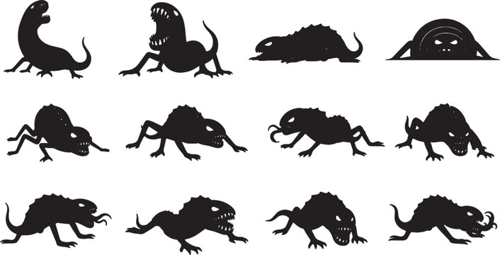 Collection of twelve black silhouette illustrations of various alien monsters and extraterrestrial creatures on a white background, featuring sharp teeth, claws, spikes, and tails.