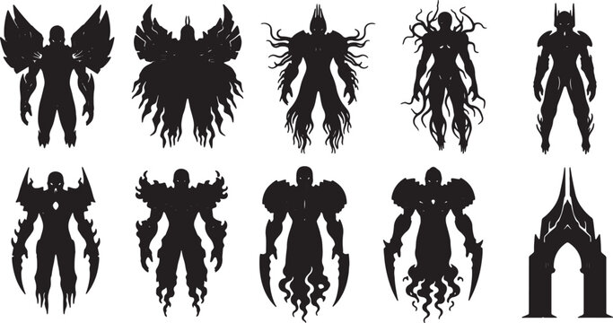 Collection of ten black silhouette character concept designs featuring fantasy monsters, armored demons, winged warriors, eldritch creatures, spectral figures, and a gothic portal on white.