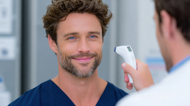 Male forehead temperature check with an infrared thermometer for clinic screening and noncontact health monitoring banner