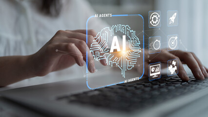 Naklejka premium Close-Up View of Hands Typing on Laptop Keyboard with AI Concept Overlay Showing Digital Brain and Technology Icons in Soft Focus Background Quark.