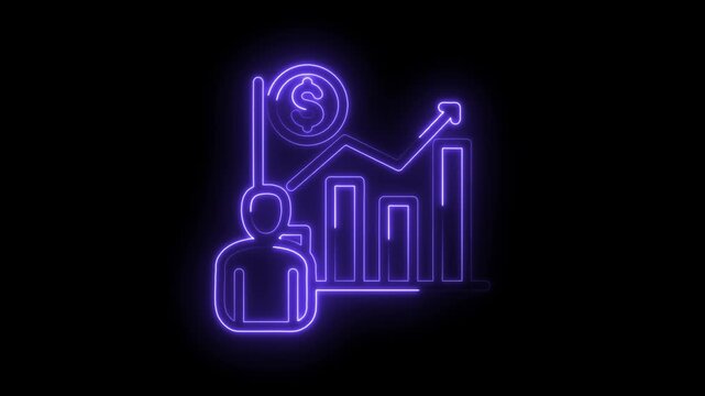 Neon glowing person icon with upward trending bar graph dollar coin and arrow symbolizing