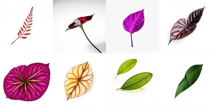 Various colorful leaves presented against white backgrounds. Shapes, sizes, hues differ creating botanical display.