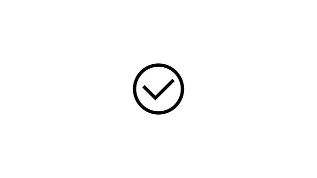 Minimalist black and white animation of check mark symbol appearing inside circle icon representing completion or success in motion.