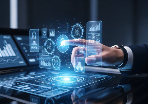 Futuristic holographic ai governance dashboard with interactive controls and data streams