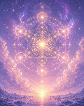 Metatron Cube Sacred Geometry Floating in Celestial Clouds