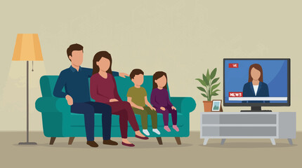 Obraz premium Family sitting on a sofa watching live news broadcast on television at home