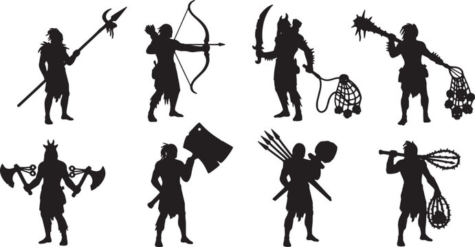 Collection of eight black silhouettes of tribal fantasy warriors and hunters with primitive weapons including spears, bows, dual axes, and spiked clubs isolated on white background.