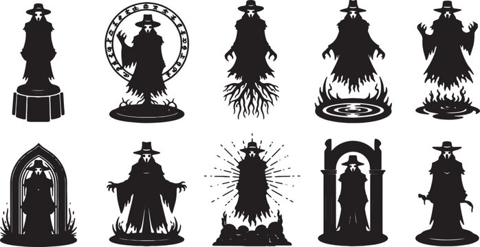 Collection of ten black vector silhouettes featuring plague doctors and occult sorcerers in robes with beaked masks, magic circles, gothic arches, and mystical elemental effects.