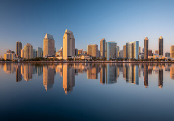 Obraz premium A serene urban waterfront scene. Buildings stand tall against a clear sky, mirrored in the still water below during the golden hour