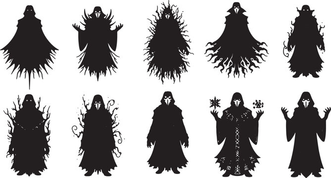 Collection of ten black silhouettes representing dark fantasy characters such as necromancers, sorcerers, and plague doctors with hooded robes and mysterious magical elements on white.