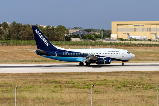 Luqa, Malta - June 18, 2005: Maersk Air Boeing 737-7L9 (Reg.: OY-MRD) landing runway 32.