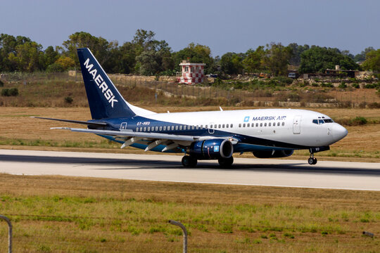 Luqa, Malta - June 18, 2005: Maersk Air Boeing 737-7L9 (Reg.: OY-MRD) landing runway 32.