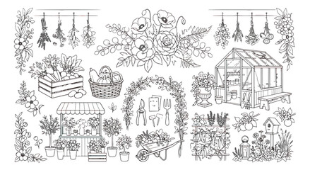 Naklejka premium Vintage garden line art collection, hand drawn botanical illustrations and greenhouse vector set, rustic floral gardening elements for coloring