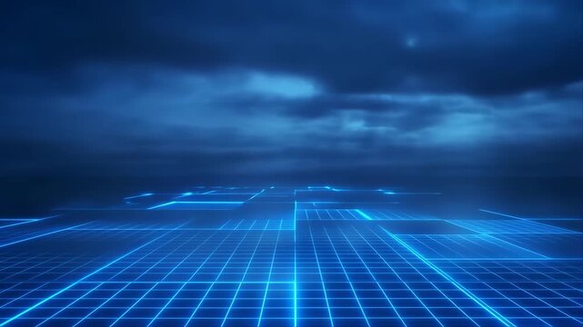 Holographic Grid Landscape with Glowing Blue Lines, Futuristic Sci-Fi Atmosphere, and Deep Perspective for Technology and Innovation Visuals