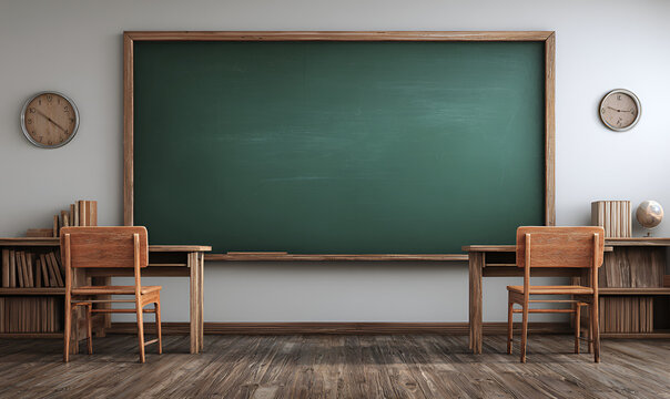 A classroom setting with wooden chairs facing a large chalkboard. Bookshelves hold books and a globe. Two clocks hang