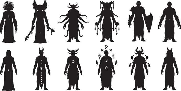 Collection of twelve fantasy character silhouettes including warriors, mages, demons, and celestial beings in black vector style isolated on white background for game concept art.