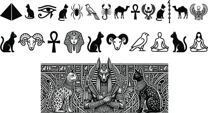 Collection of ancient Egyptian symbols and figures including pyramids, Eye of Horus, ankh, pharaohs, animals, and ornate Anubis illustration