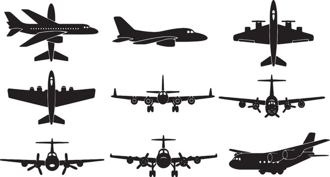 Collection of nine black airplane silhouettes including commercial jets, cargo planes, and propeller aircraft shown from top, front, and side views isolated on white background