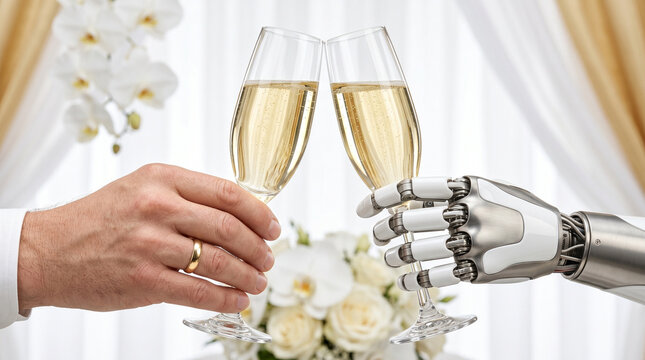 Bionik Bionics Biomechanisch Biorobotics Ringtausch Bioroboter Trauung wedding toast. Hochzeit der Zukunft. Mensch und Bioroboter sto&szlig;en mit Champagner an